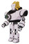 Droid containing humanoid face mask and heavy upper chest and chest energy gun and prototype exoplate legs. White halftone toon. Facing right view.