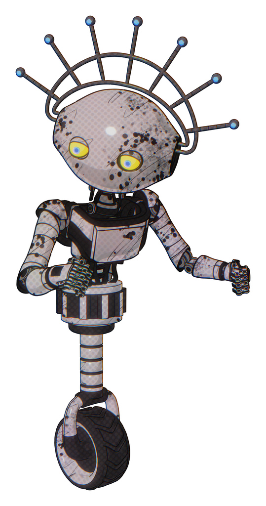 Automaton containing oval wide head and yellow eyes and techno halo ornament and light chest exoshielding and ultralight chest exosuit and unicycle wheel. Grunge sketch dots. Fight or defense pose..