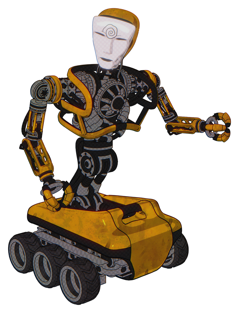 Robot containing humanoid face mask and spiral design and heavy upper chest and no chest plating and six-wheeler base. Worn construction yellow. Fight or defense pose..