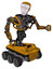 Robot containing humanoid face mask and spiral design and heavy upper chest and no chest plating and six-wheeler base. Worn construction yellow. Fight or defense pose..