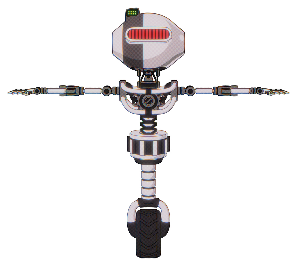 Cyborg containing oval wide head and red horizontal visor and green led ornament and light chest exoshielding and no chest plating and unicycle wheel. White halftone toon. T-pose.