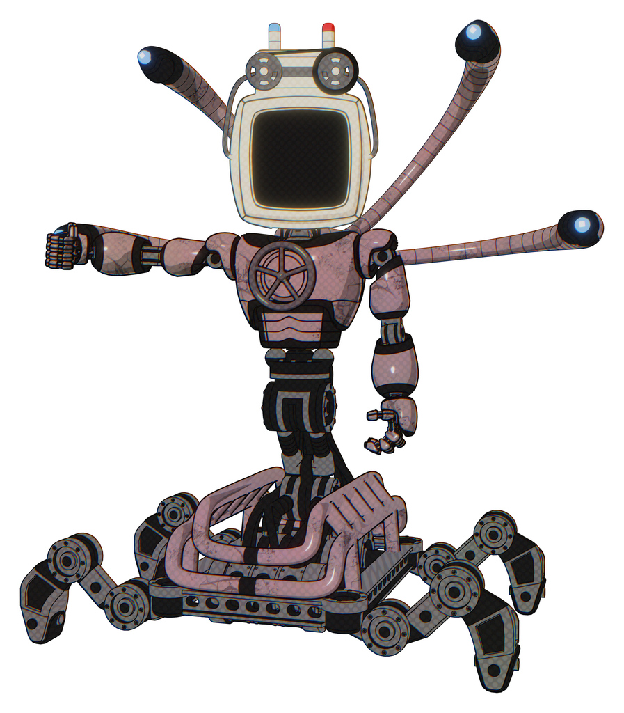 Cyborg containing old computer monitor and old computer magnetic tape and light chest exoshielding and chest valve crank and blue-eye cam cable tentacles and insect walker legs. Grayish pink.