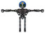 Robot containing grey alien style head and led array eyes and triangle design and blue helmet and heavy upper chest and no chest plating and ultralight foot exosuit. Patent concrete gray metal.