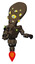 Droid containing flat elongated skull head and yellow eyeball array and light chest exoshielding and prototype exoplate chest and jet propulsion. Light brown halftone. Fight or defense pose..