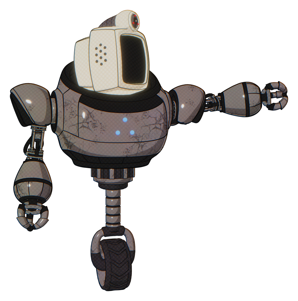 Droid containing old computer monitor and retro-futuristic webcam and heavy upper chest and triangle of blue leds and unicycle wheel. Light pink beige. Pointing left or pushing a button..