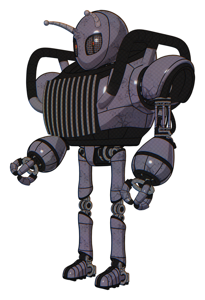 Robot containing grey alien style head and metal grate eyes and bug antennas and heavy upper chest and chest vents and ultralight foot exosuit. Light lavender metal. Facing right view.