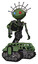 Robot containing oval wide head and giant blue and red led eyes and techno halo ornament and light chest exoshielding and rocket pack and no chest plating and tank tracks. Grass green. Hero pose.