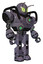 Automaton containing grey alien style head and cat's eyes and bug antennas and heavy upper chest and chest green energy cores and prototype exoplate legs. Light lavender metal. Facing left view.
