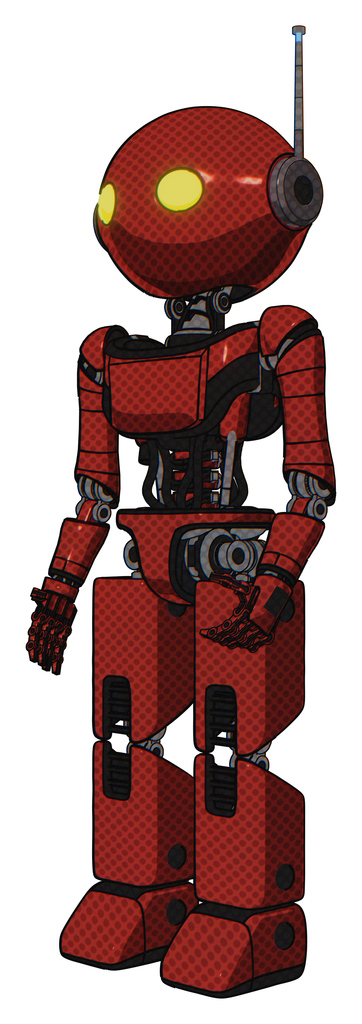 Bot containing oval wide head and yellow eyes and retro antenna with light and light chest exoshielding and ultralight chest exosuit and prototype exoplate legs. Cherry tomato red. Facing right view.