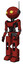 Bot containing oval wide head and yellow eyes and retro antenna with light and light chest exoshielding and ultralight chest exosuit and prototype exoplate legs. Cherry tomato red. Facing right view.
