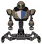 Droid containing grey alien style head and green inset eyes and heavy upper chest and blue shield defense design and insect walker legs. Patent khaki metal. Front view.
