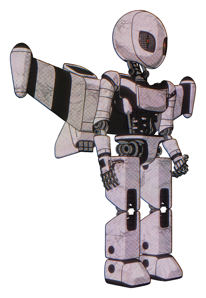 Droid containing grey alien style head and metal grate eyes and light chest exoshielding and ultralight chest exosuit and stellar jet wing rocket pack and prototype exoplate legs. Sketch pad light.