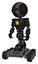 Robot containing round head and maru eyes and light chest exoshielding and yellow star and six-wheeler base. Toon black scribbles sketch. Standing looking right restful pose.