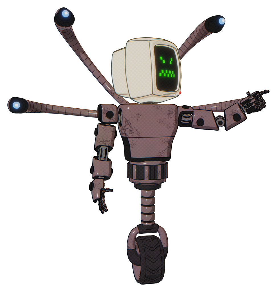 Droid containing old computer monitor and angry pixels face and light chest exoshielding and prototype exoplate chest and blue-eye cam cable tentacles and unicycle wheel. Dusty rose red metal.