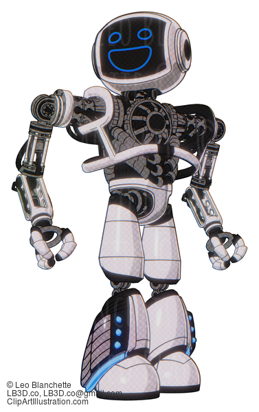 Android Containing Digital Display Head And Wide Smile And Heavy Upper Chest And No Chest Plating And Light Leg Exoshielding And Megneto-Hovers Foot Mod. White Halftone Toon. Hero Pose. #20282