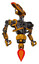 Automaton containing dual retro camera head and laser gun head and heavy upper chest and no chest plating and jet propulsion. Primary yellow halftone. Hero pose.