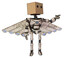 Bot containing dual retro camera head and cardboard box head and light chest exoshielding and blue energy core and cherub wings design and ultralight foot exosuit. Halftone sketch.