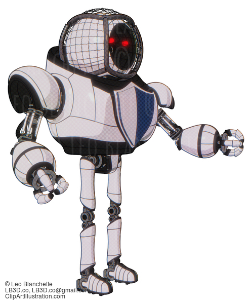 Android Containing Round Barbed Wire Round Head And Heavy Upper Chest And Blue Shield Defense Design And Ultralight Foot Exosuit. White Halftone Toon. Interacting. #20287