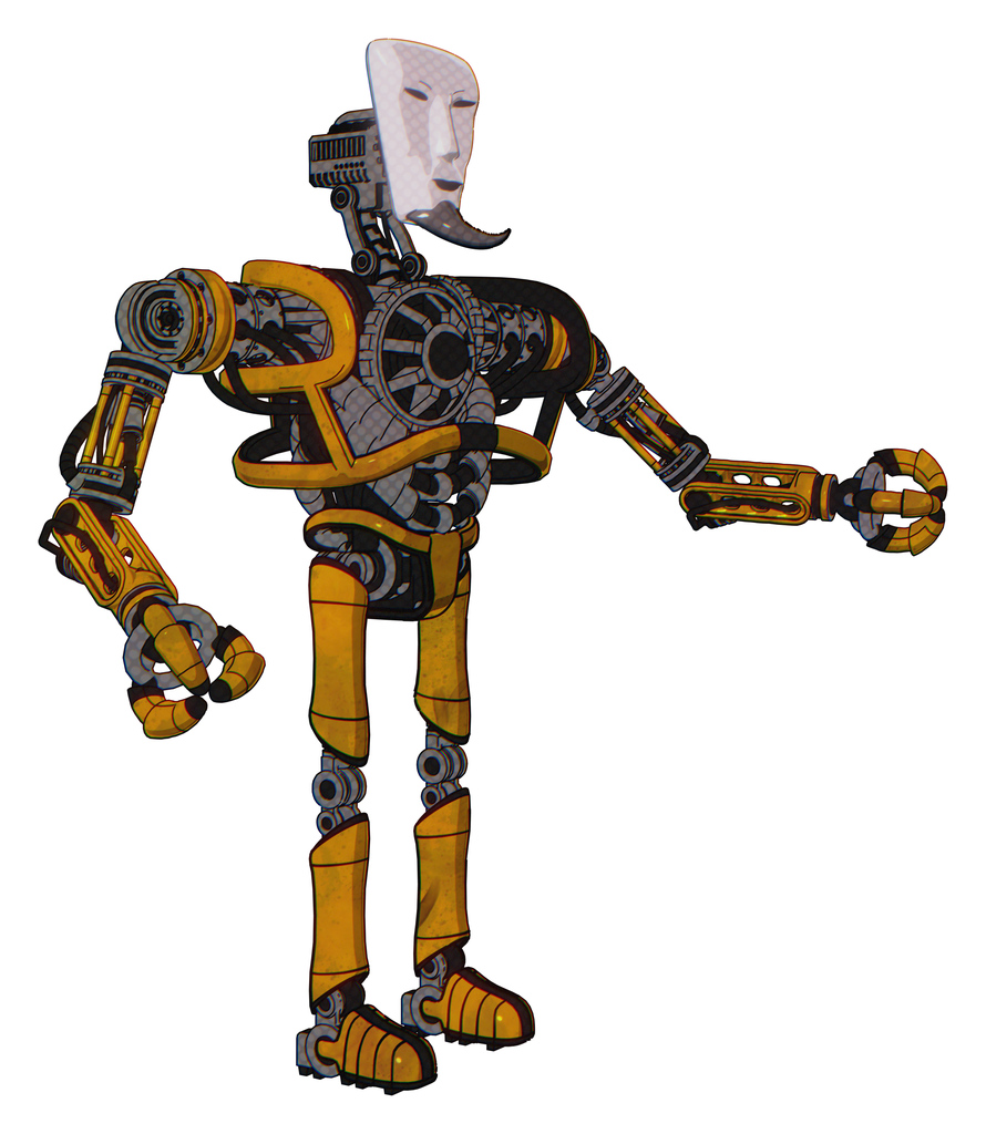 Droid containing humanoid face mask and heavy upper chest and no chest plating and ultralight foot exosuit. Worn construction yellow. Interacting.