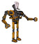 Droid containing humanoid face mask and heavy upper chest and no chest plating and ultralight foot exosuit. Worn construction yellow. Interacting.