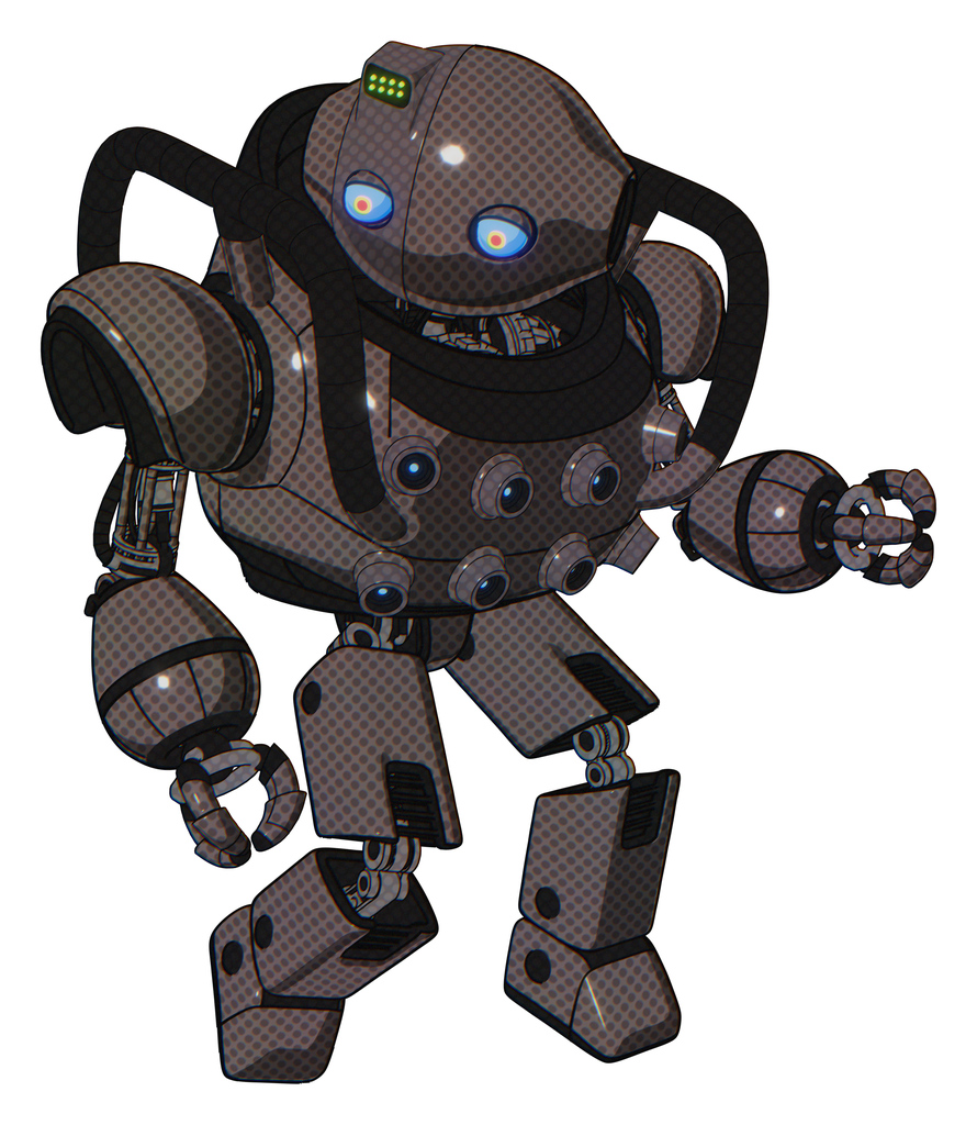 Robot containing oval wide head and blue eyes and green led ornament and heavy upper chest and chest energy sockets and prototype exoplate legs. Light brown. Fight or defense pose..