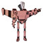 Cyborg containing humanoid face mask and binary war paint and light chest exoshielding and prototype exoplate chest and stellar jet wing rocket pack and ultralight foot exosuit. Toon pink tint.