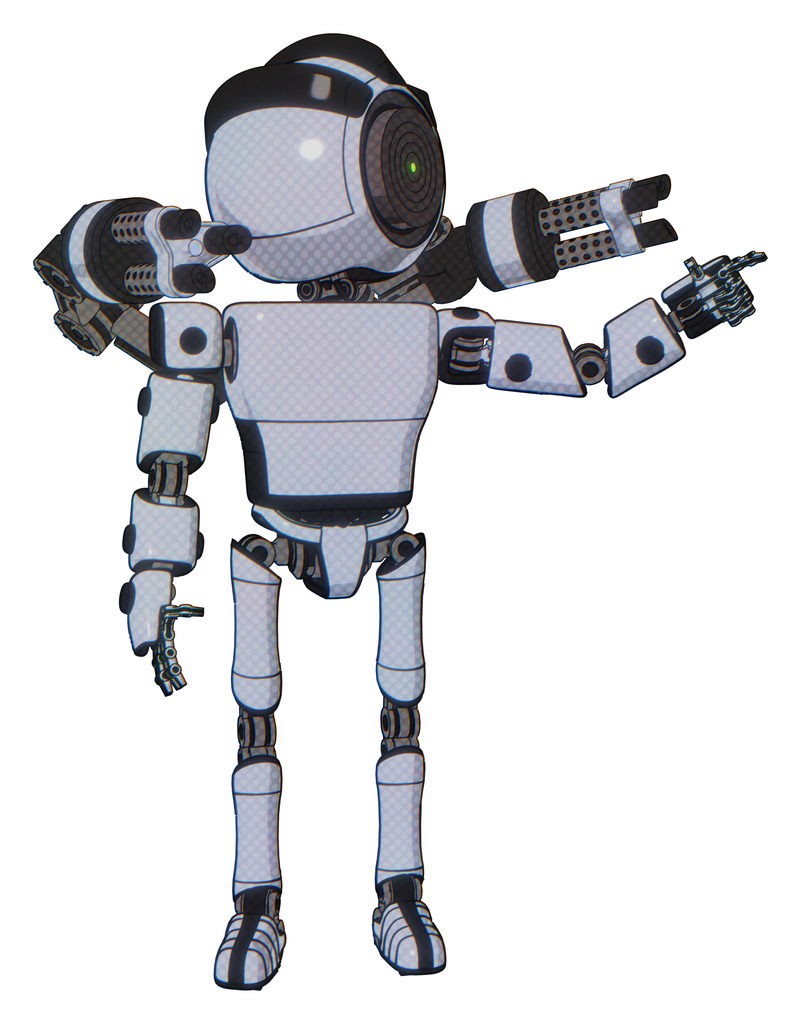 Android containing green dot eye corn row plastic hair and light chest exoshielding and prototype exoplate chest and minigun back assembly and ultralight foot exosuit. Blue tint toon.