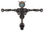 Droid containing grey alien style head and blue grate eyes and bug antennas and heavy upper chest and no chest plating and unicycle wheel. Patent khaki metal. T-pose.