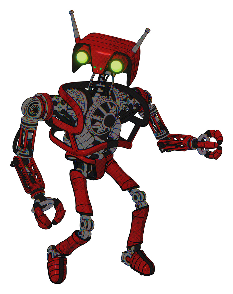 Robot containing dual retro camera head and cyborg antenna head and heavy upper chest and no chest plating and ultralight foot exosuit. Red blood grunge material. Fight or defense pose..