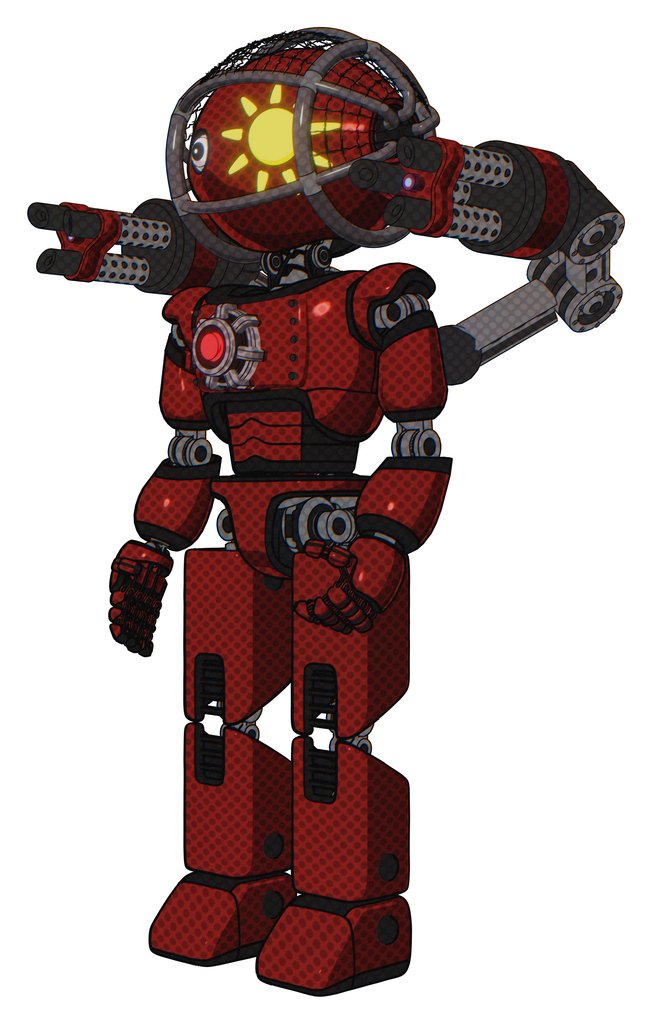 Mech containing oval wide head and sunshine patch eye and barbed wire cage helmet and light chest exoshielding and red energy core and minigun back assembly and prototype exoplate legs. Matted red.