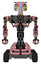Mech containing bird skull head and green eyes and head shield design and heavy upper chest and no chest plating and six-wheeler base. Toon pink tint. Front view.