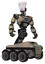 Automaton containing humanoid face mask and light chest exoshielding and blue energy core and six-wheeler base. Grungy fiberglass. Hero pose.