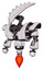 Mech containing flat elongated skull head and heavy upper chest and heavy mech chest and jet propulsion. White halftone toon. Standing looking right restful pose.
