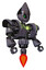 Mech containing grey alien style head and green inset eyes and heavy upper chest and heavy mech chest and green energy core and jet propulsion. Light lavender metal. Facing left view.