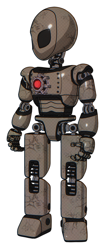 Robot containing grey alien style head and black eyes and light chest exoshielding and red energy core and prototype exoplate legs. Patent khaki metal. Standing looking right restful pose.