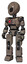 Robot containing grey alien style head and black eyes and light chest exoshielding and red energy core and prototype exoplate legs. Patent khaki metal. Standing looking right restful pose.