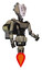 Mech containing humanoid face mask and slashes war paint and light chest exoshielding and ultralight chest exosuit and rocket pack and jet propulsion. Grungy fiberglass. Facing left view.