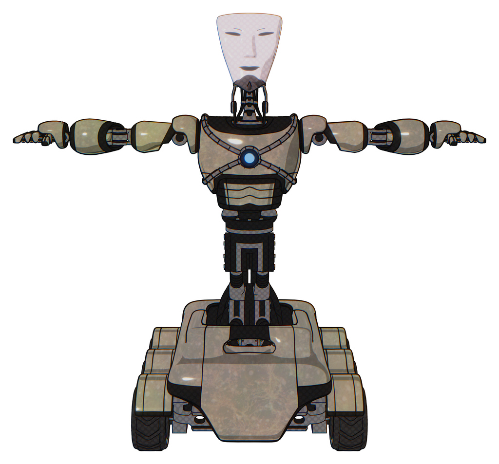 Automaton containing humanoid face mask and light chest exoshielding and blue energy core and six-wheeler base. Grungy fiberglass. T-pose.
