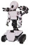 Mech containing grey alien style head and black eyes and light chest exoshielding and prototype exoplate chest and minigun back assembly and six-wheeler base. White halftone toon.