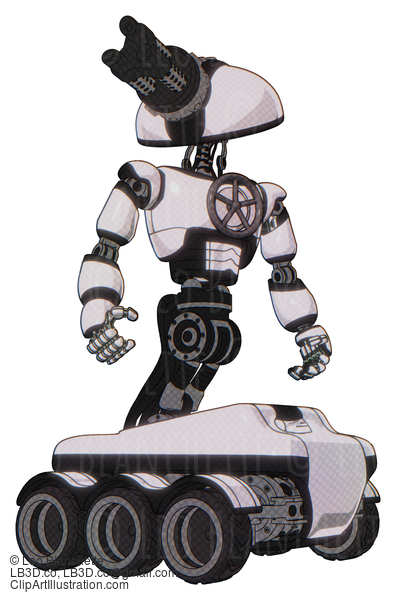 Android Containing Gatling Gun Face Design And Light Chest Exoshielding And Chest Valve Crank And Six-Wheeler Base. White Halftone Toon. Hero Pose. #20345