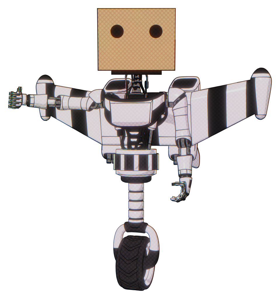 Cyborg containing dual retro camera head and cardboard box head and light chest exoshielding and ultralight chest exosuit and stellar jet wing rocket pack and unicycle wheel. White halftone toon.