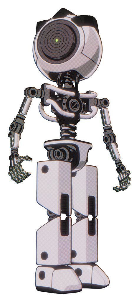 Bot containing green dot eye corn row plastic hair and light chest exoshielding and no chest plating and prototype exoplate legs. White halftone toon. Hero pose.