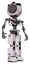 Bot containing green dot eye corn row plastic hair and light chest exoshielding and no chest plating and prototype exoplate legs. White halftone toon. Hero pose.