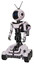 Mech containing digital display head and circle eyes and retro antennas and light chest exoshielding and ultralight chest exosuit and rocket pack and six-wheeler base. White halftone toon.