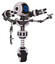 Bot containing digital display head and large eye and light chest exoshielding and minigun back assembly and no chest plating and unicycle wheel. White halftone toon.