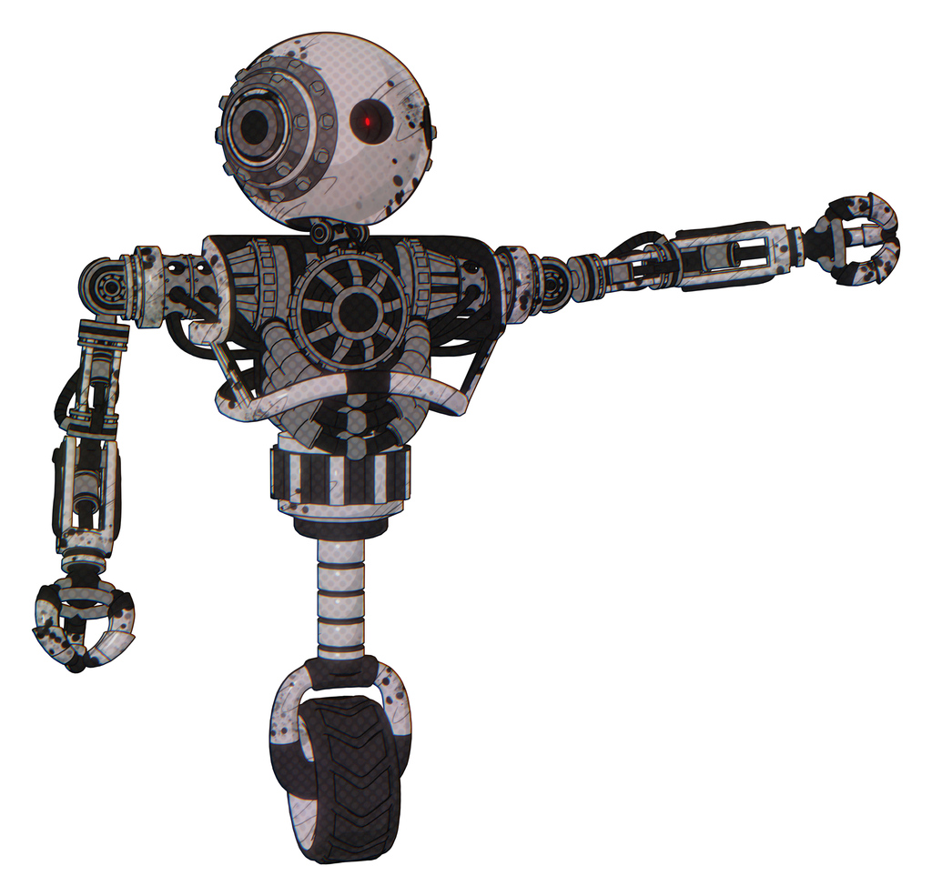 Mech containing oval wide head and small red led eyes and steampunk iron bands with bolts and heavy upper chest and no chest plating and unicycle wheel. Grunge sketch dots.