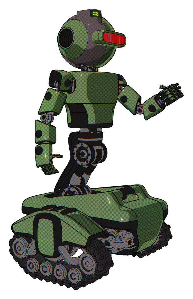 Droid containing oval wide head and red horizontal visor and green led ornament and light chest exoshielding and prototype exoplate chest and tank tracks. Grass green. Interacting.