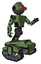 Droid containing oval wide head and red horizontal visor and green led ornament and light chest exoshielding and prototype exoplate chest and tank tracks. Grass green. Interacting.