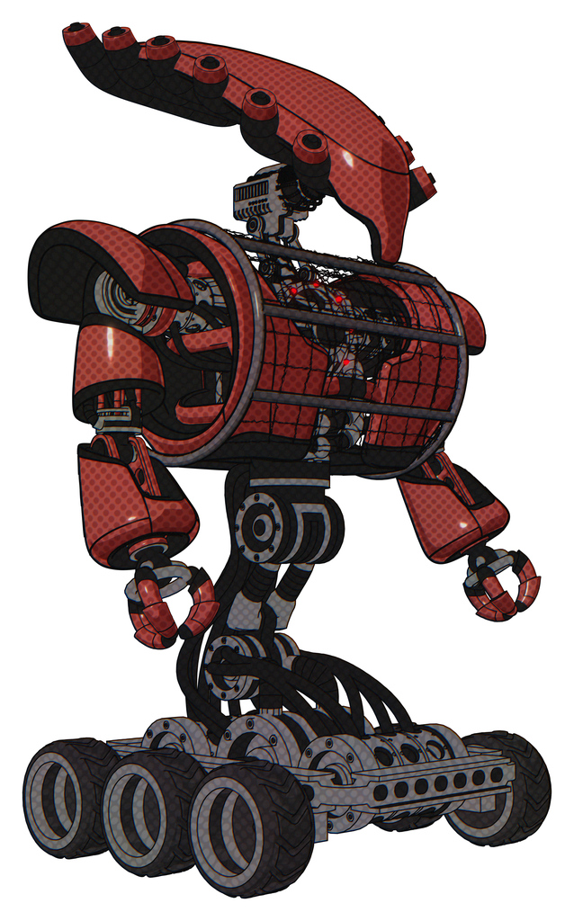 Cyborg containing flat elongated skull head and heavy upper chest and heavy mech chest and barbed wire chest armor cage and six-wheeler base. Light brick red. Facing left view.