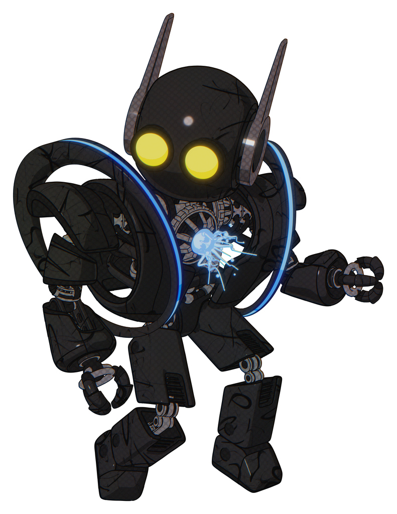 Cyborg containing round head and large yellow eyes and head winglets and heavy upper chest and heavy mech chest and spectrum fusion core chest and prototype exoplate legs. Toon black scribbles sketch.